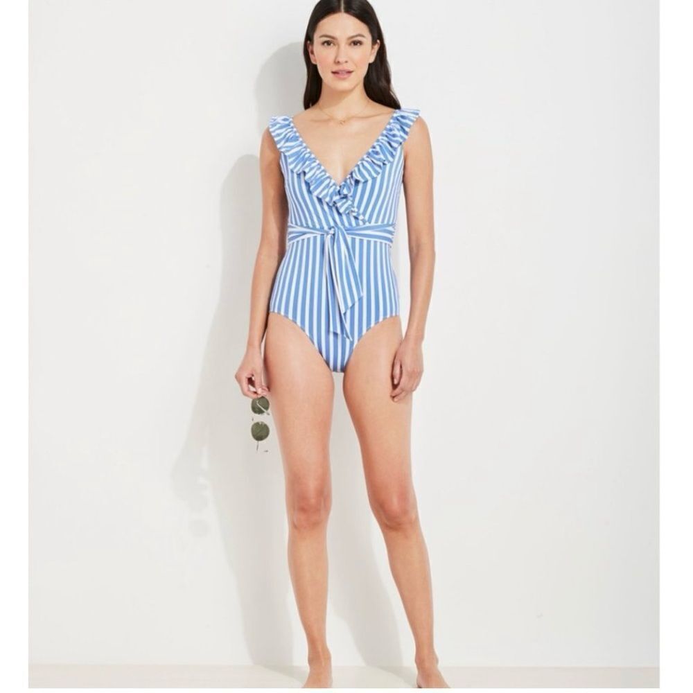 Vineyard Vines Women’s Blue and White Sail Stripe Ruffle One-Piece Swimsuit